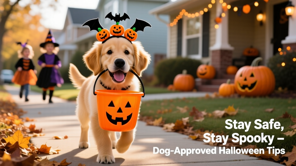 a puppy wearing playful Halloween headgear and holding a plastic jack-o'-lantern bucket in its mouth