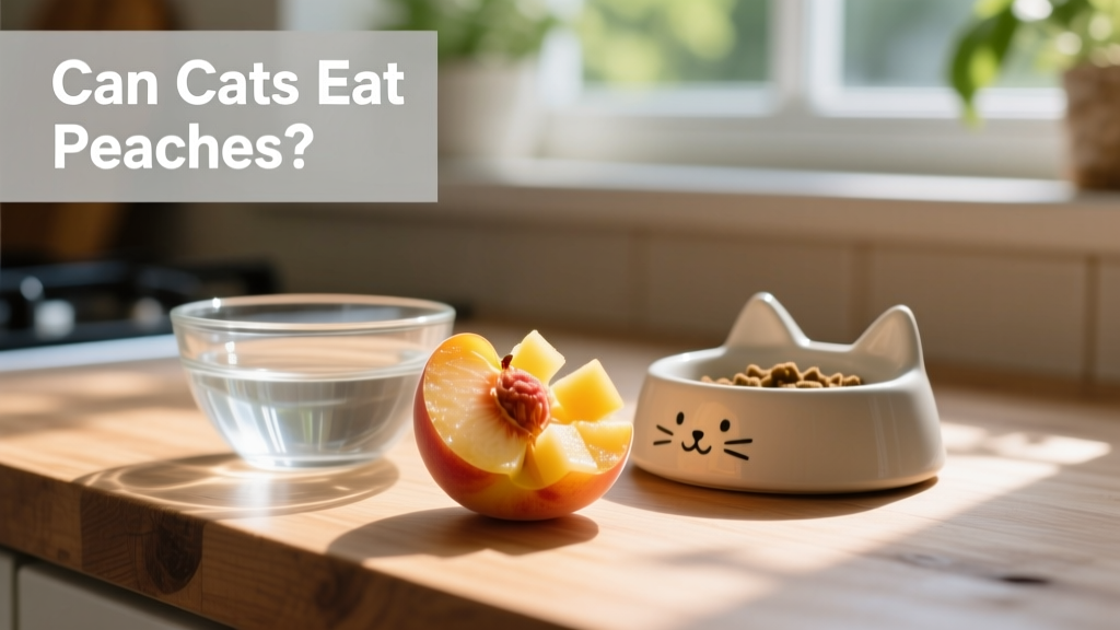 A small, peeled, and diced piece of fresh peach placed beside a bowl of clean water and a cat food dish—illustrating safe, minimal portioning