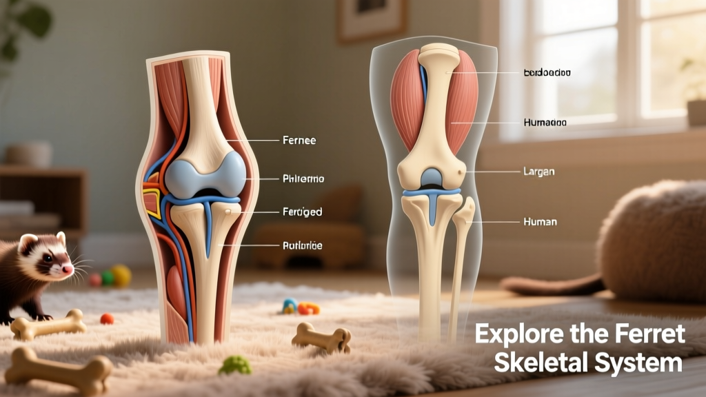 Close-up illustration comparing ferret knee anatomy to human knee, highlighting cruciate ligaments and menisci