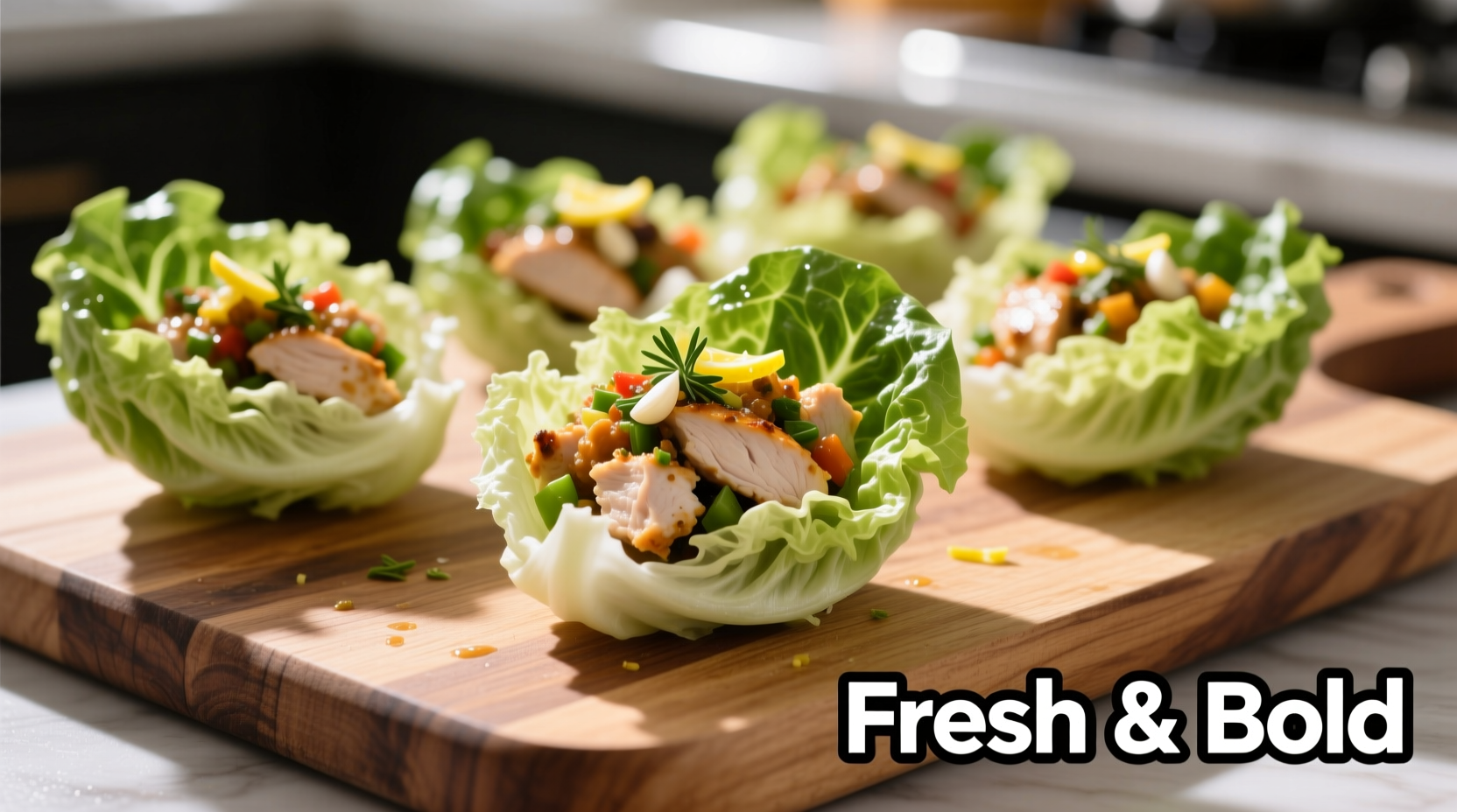Crisp romaine lettuce cups filled with savory chicken filling