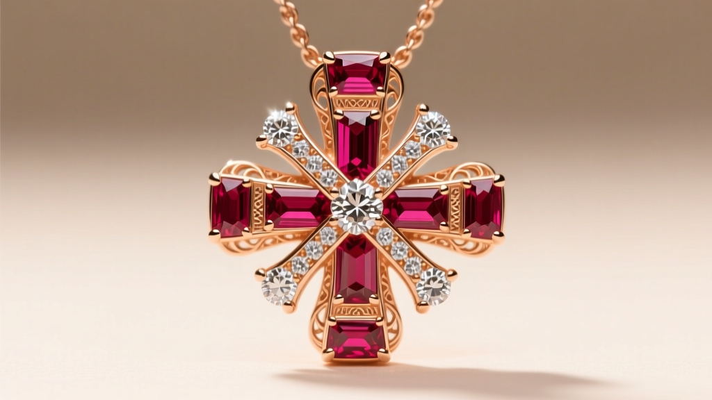 Macro shot of 18k rose gold Jacob and Co Epic X pendant featuring a cross design with baguette-cut rubies and brilliant diamonds.