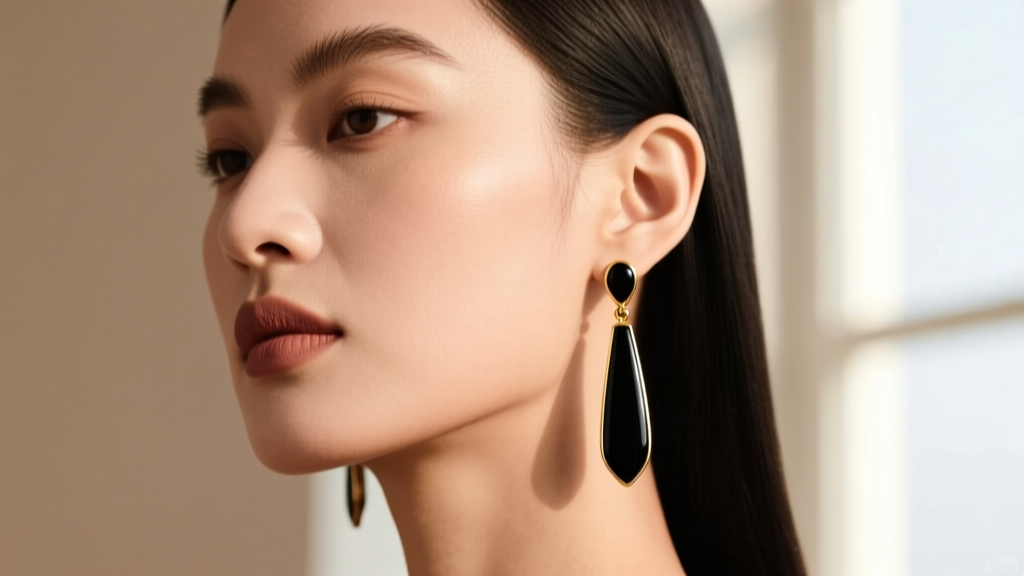 Side view of a model wearing black enamel and gold drop earrings, showing how the drop length complements a round face shape well.