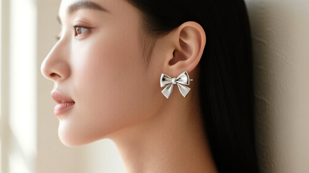Side profile showing a small flat-back silver bow earring on the upper helix cartilage, illuminated by soft natural window light.