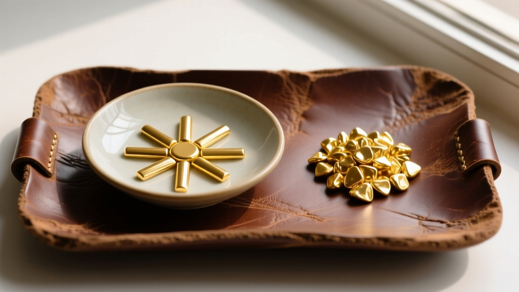 Ceramic dish holding 14k yellow gold master alloy grains next to pure 24k gold grain, resting on a worn leather jeweler
