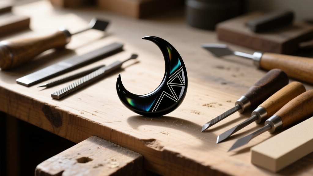Artisan workbench showing carving tools and files next to a half-finished, partially polished obsidian Makau fishhook pendant