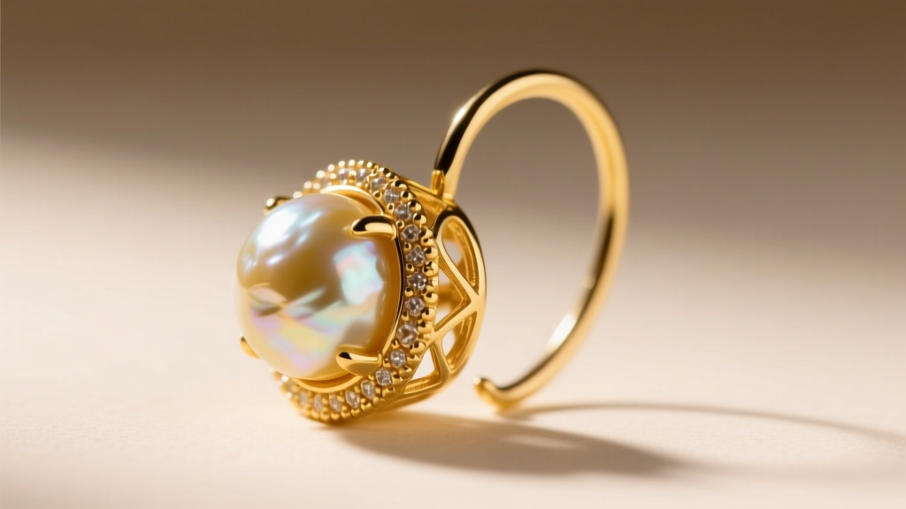 Macro shot of an 18k yellow gold shepherd hook ear wire and epoxy cup setting on a baroque pearl, showing intricate metal details.