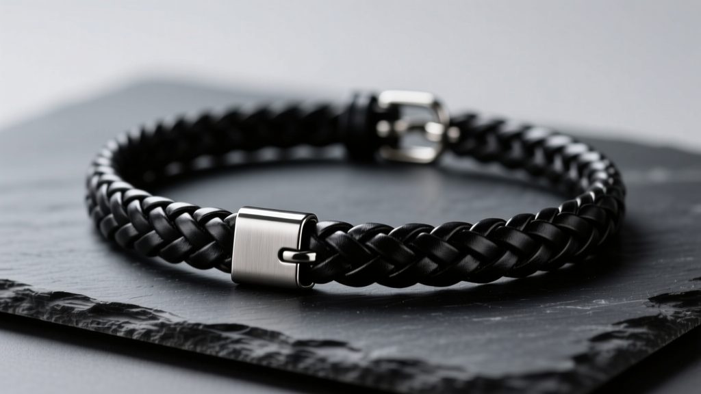 Close-up of a rugged black braided leather choker necklace men wear, featuring a brushed titanium clasp, resting on dark slate.
