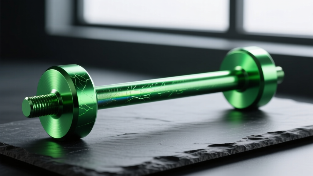 Electric neon green anodized titanium barbell on dark slate, highlighting the vibrant metallic oxide layer texture and bright hue.