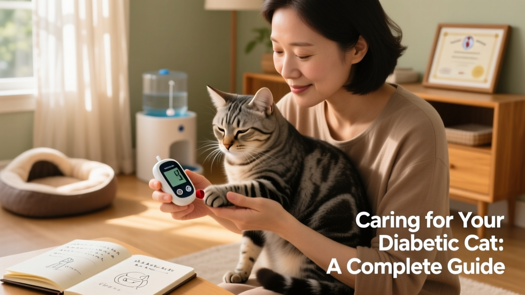 A person gently holding a cat while checking its blood glucose with a handheld monitor, in a sunlit home setting