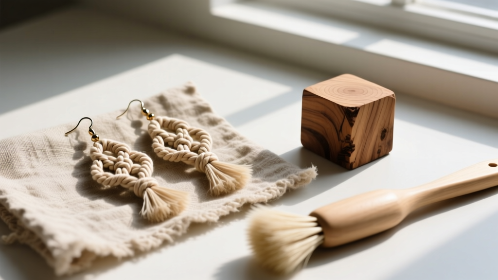 Flat lay of delicate macrame yarn earrings resting on raw linen fabric next to a small cedarwood block and a soft bristle brush.