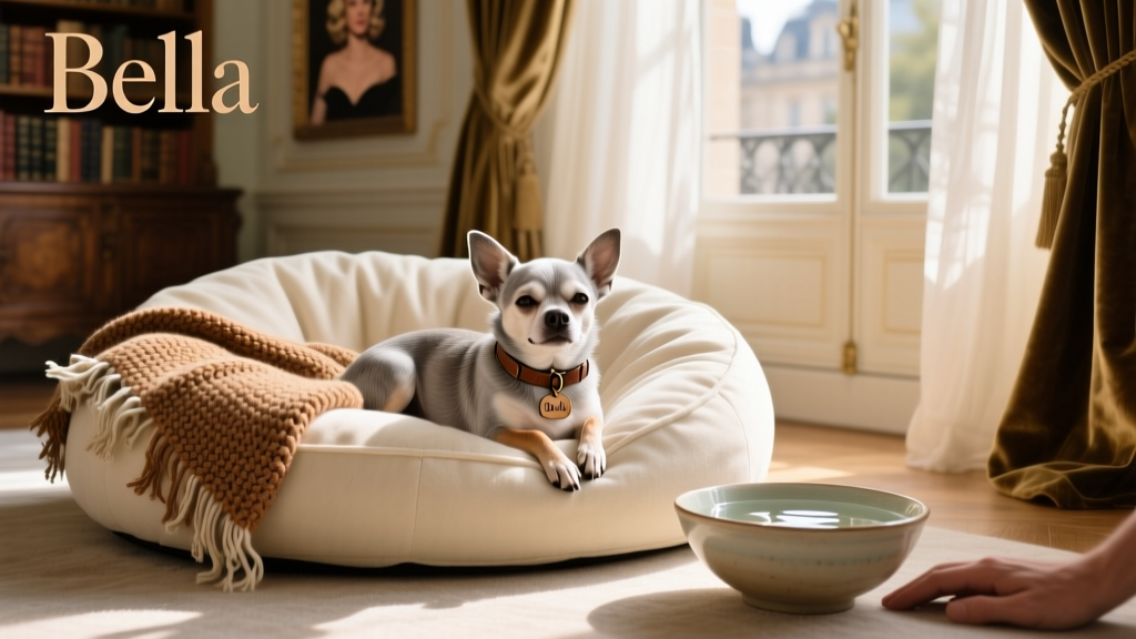 A cozy, sunlit corner with a soft dog bed, knitted blanket, and a small bowl of fresh water—set up for senior Chihuahua comfort