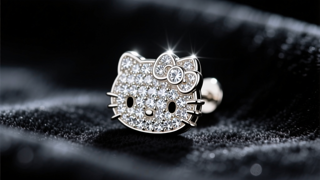 Macro shot of an 18k white gold diamond Hello Kitty earring stud with micro-pave melee diamonds on a dark velvet backdrop.