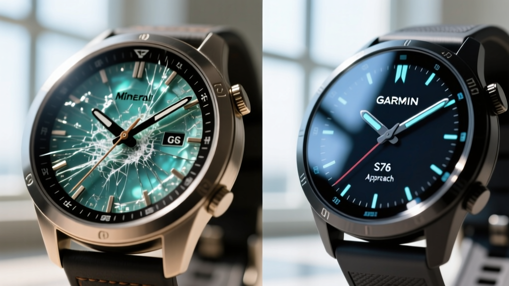 Side-by-side macro comparison of a scratched mineral glass GPS watch face next to a pristine sapphire crystal Garmin Approach S76 display