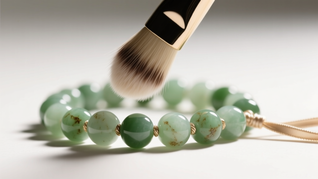 Close-up of a soft goat-hair makeup brush gently dusting the crevices between round antique jade beads on a silk-threaded necklace