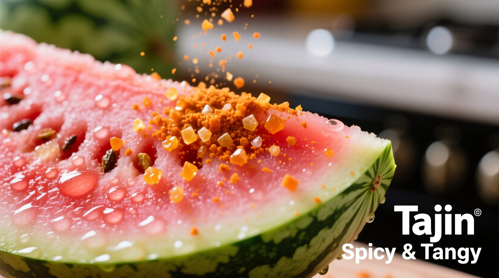 Close-up of Tajin seasoning sprinkled on fresh watermelon slices