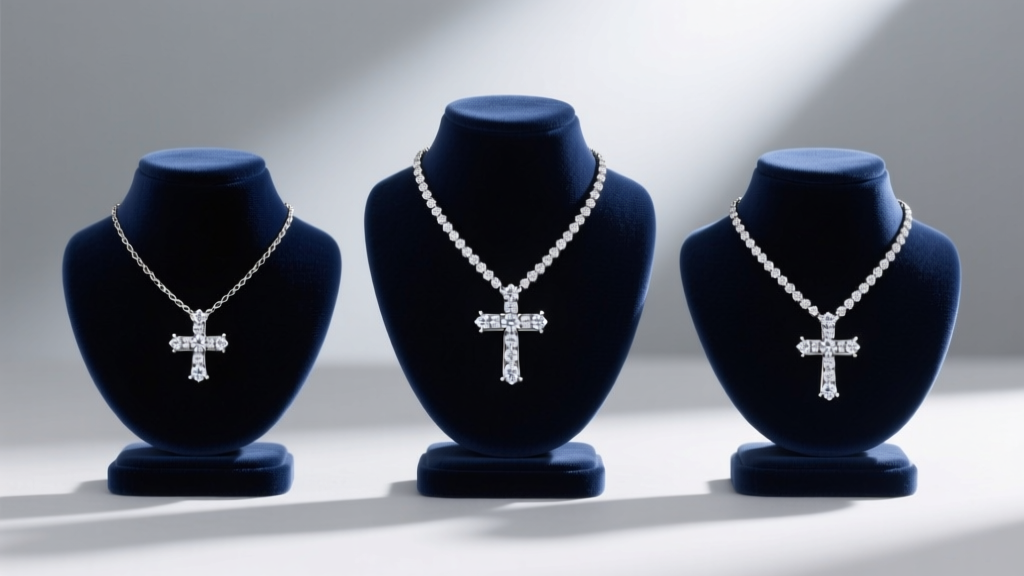 Well-lit jewelry display showing three diamond sideways cross necklaces of varying carat weights resting on dark velvet busts.