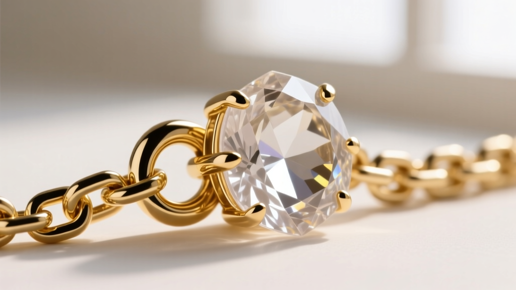 Macro shot of a thick gold bail connecting a large quartz mega stone to a heavy box chain, showing secure prong and ring details.