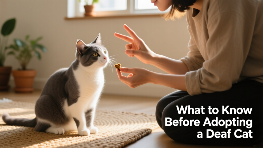 A person kneeling beside a relaxed deaf cat, using gentle hand signals while offering a treat—demonstrating calm, visual communication