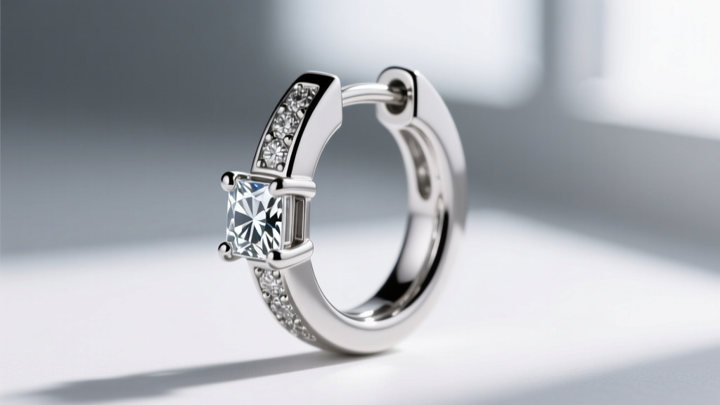 Close-up of a platinum huggie earring hinge mechanism, showing the snap closure and secure prongs holding a rectangular diamond