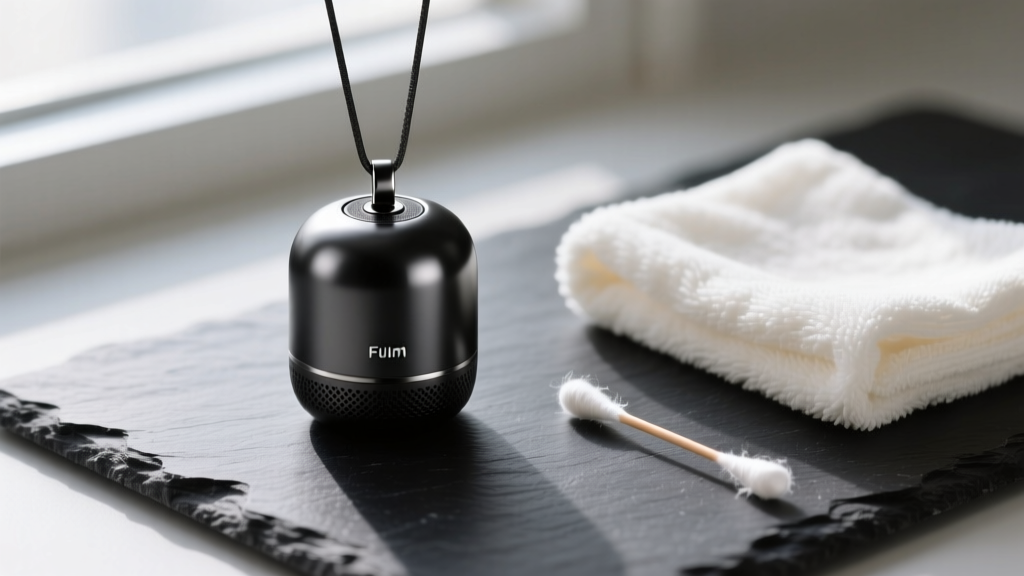 A sleek matte-black titanium personal air purifier pendant resting on dark slate next to a soft microfiber cloth and cotton swab.