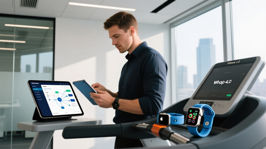 Network engineer adjusting router IoT VLAN settings on a tablet while a Whoop 4.0 strap and Apple Watch Ultra 2 rest on a treadmill console