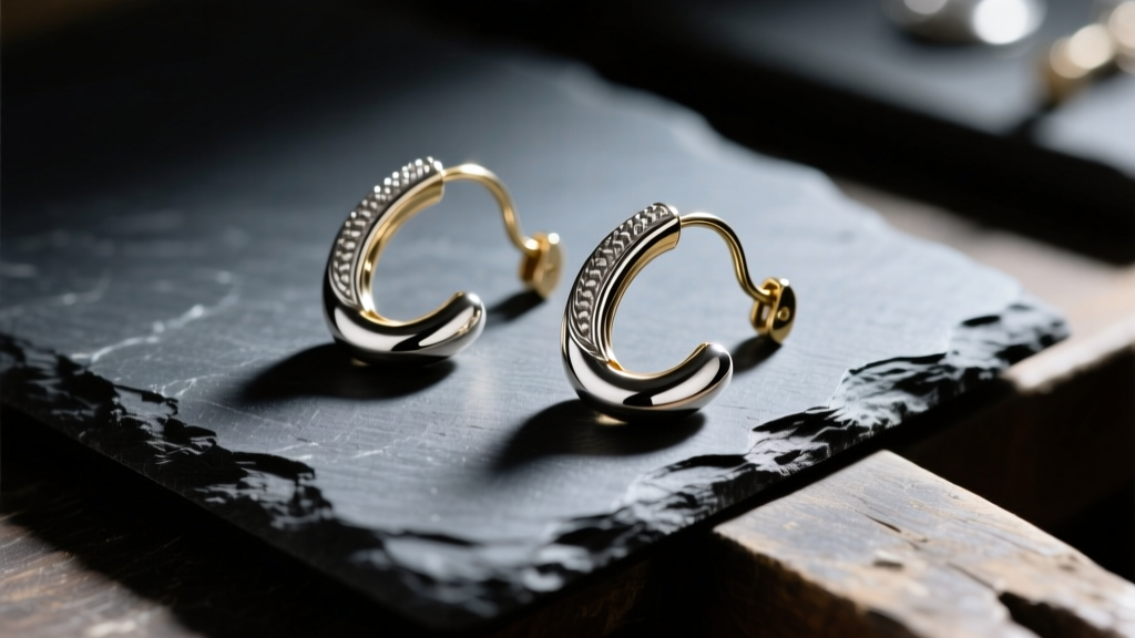 Macro shot of silver-plated brass earring hooks on a dark slate jeweler bench, illuminated by a harsh directional spotlight
