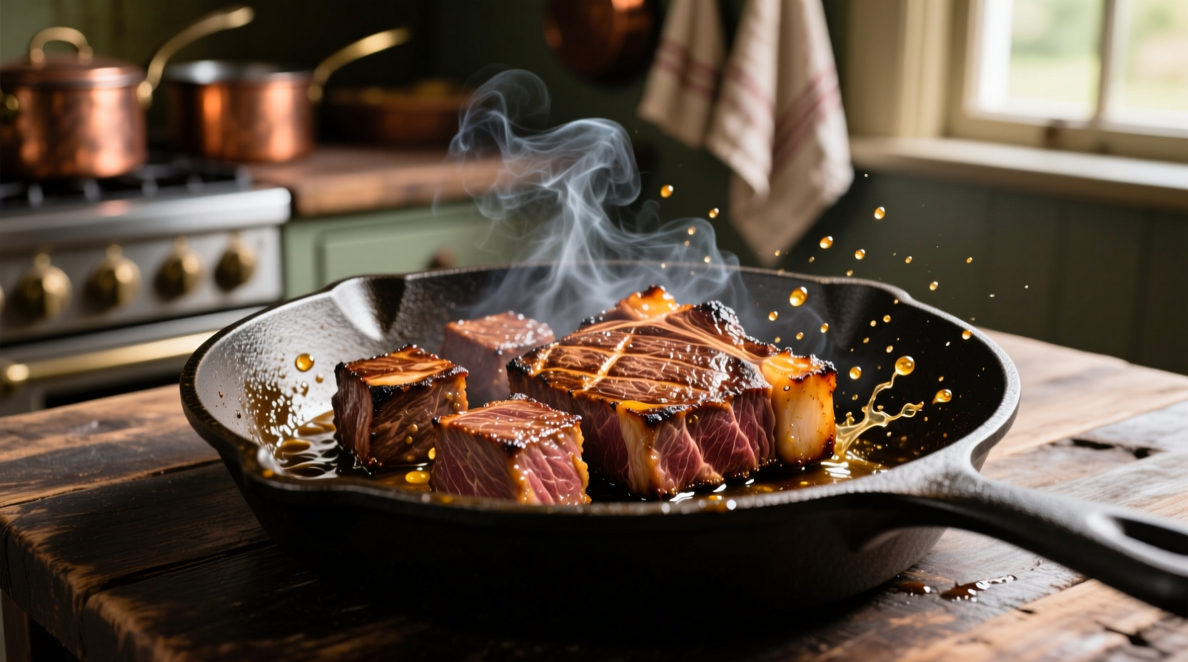 Sizzling cube steak in cast iron frying pan