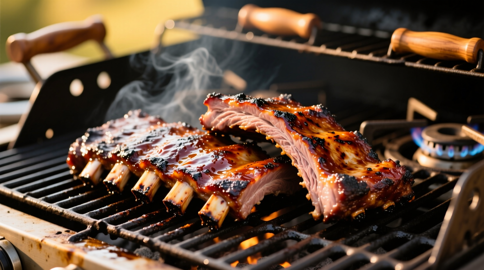 Perfectly grilled baby back ribs with smoke ring on gas grill