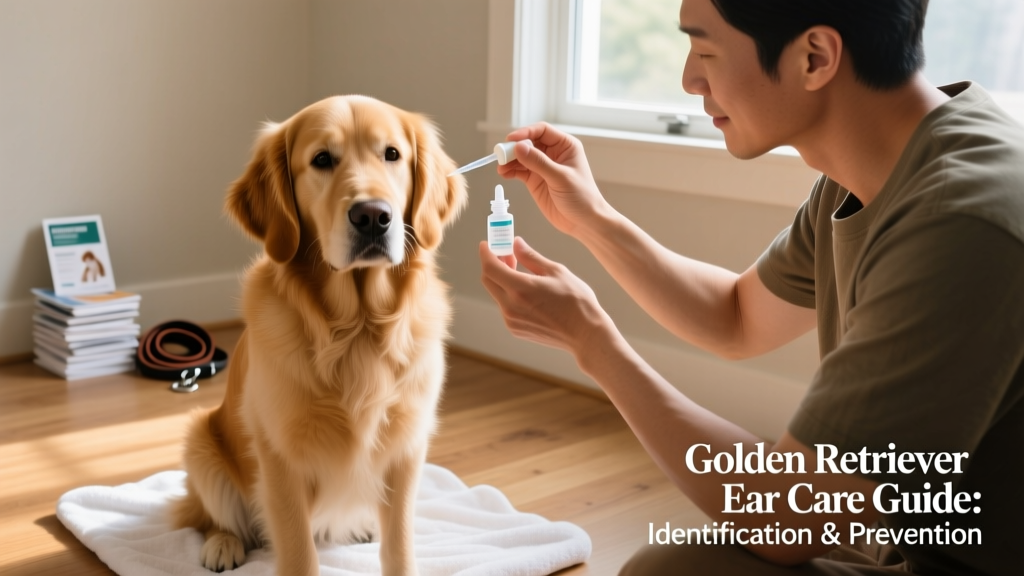 Golden retriever owner applying vet-approved ear cleaner with a dropper while dog sits calmly on a towel