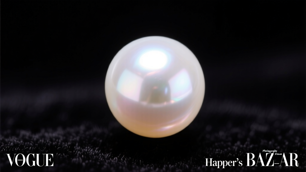 Macro shot of a perfectly round 8mm white Akoya pearl showing sharp, mirror-like luster and a subtle rose overtone against velvet.