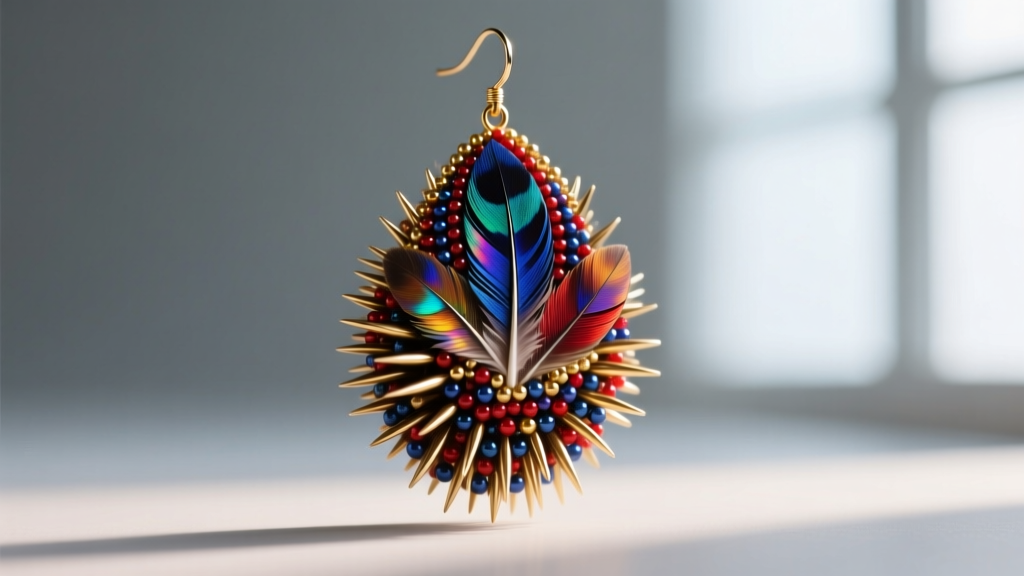 Macro shot of porcupine quillwork and dyed turkey feathers on a drop earring, displaying vibrant colors and tight bead wrapping.