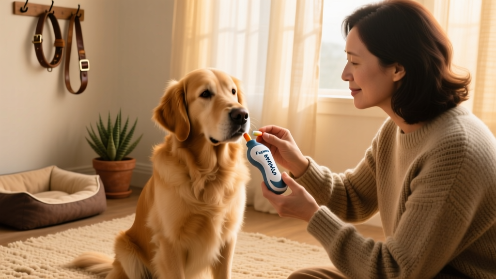 A person using a FurPetVo pet piller to administer a pill to a calm, seated dog