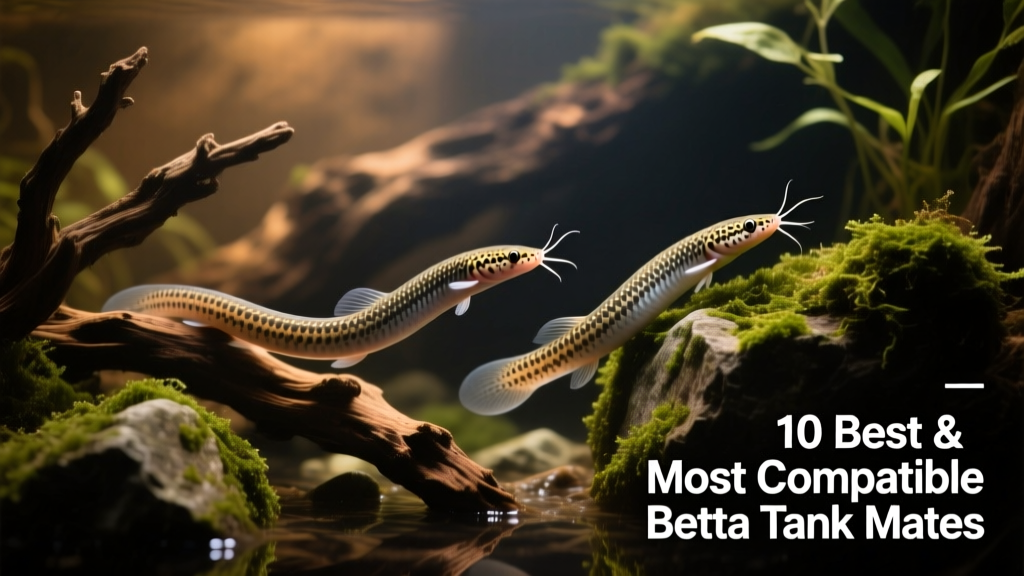 Kuhli loaches weaving through driftwood and moss-covered rocks in a dimly lit aquarium corner