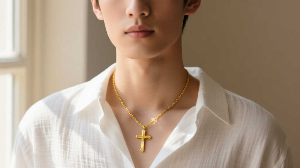 Close-up of a person wearing a minimalist 14k yellow gold crucifix necklace over a crisp white linen shirt in soft natural light.