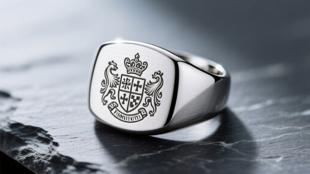 Macro shot of a brushed platinum signet ring with a deep laser-engraved family crest on the flat face, resting on dark grey slate.