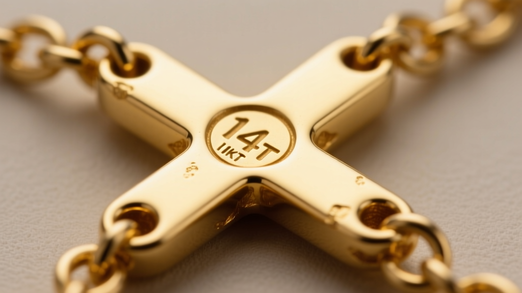 Macro shot of a 14kt gold rosary center showing soldered jump rings and a 14kt hallmark stamp on a polished yellow metal surface.