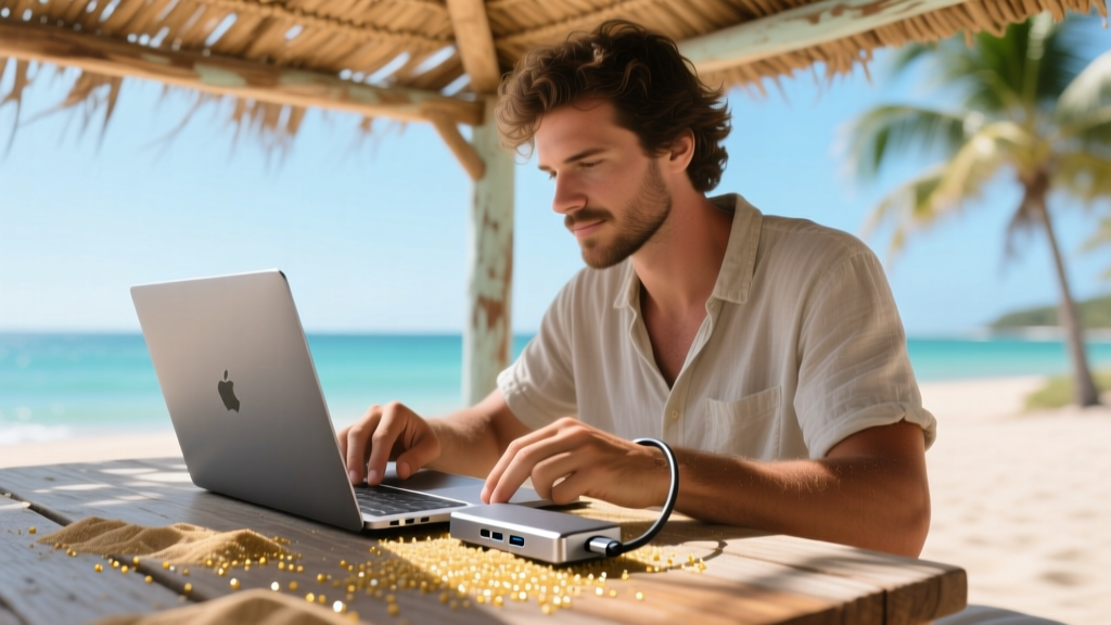 Digital nomad under a beach cabana plugging a rugged aluminum USB-C hub into a laptop, with scattered sand on the wooden table