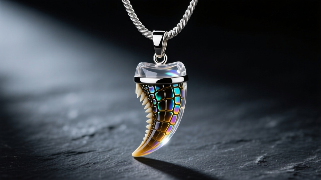 Macro of a polished crocodile tooth pendant in clear epoxy resin, hanging on a thick silver rope chain against dark slate