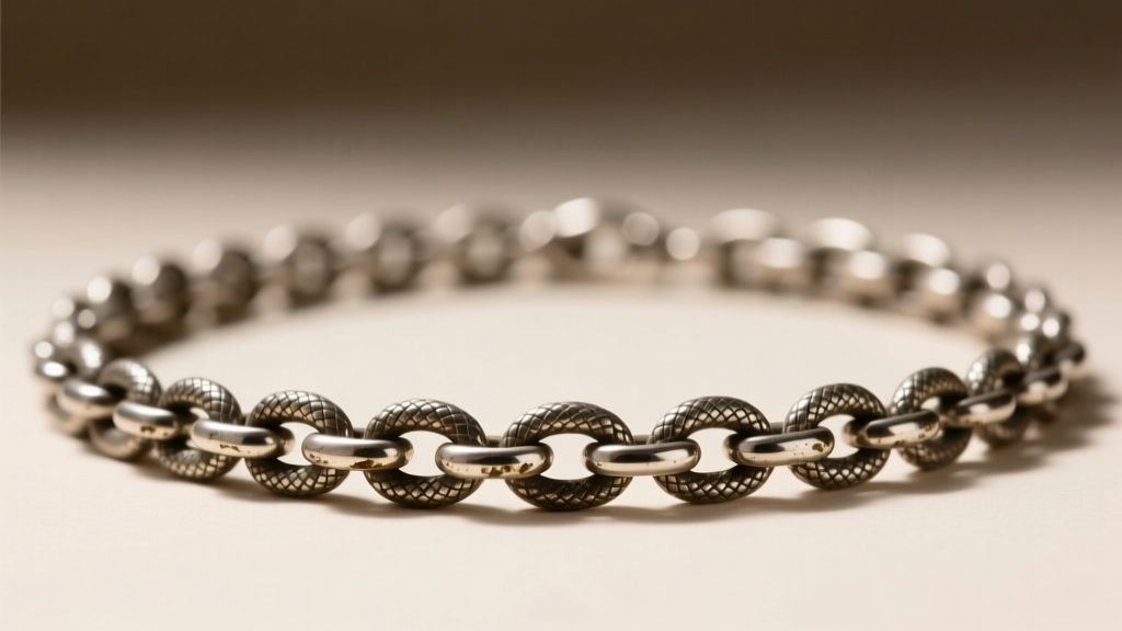 Macro photography of a tarnished vintage sterling silver snake chain necklace showing the tight, seamless tubular link structure.