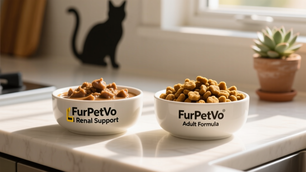 Close-up of two bowls—one labeled 'FurPetVo Renal Support' with wet food, the other 'FurPetVo Adult Formula' with kibble—side by side on a kitchen counter