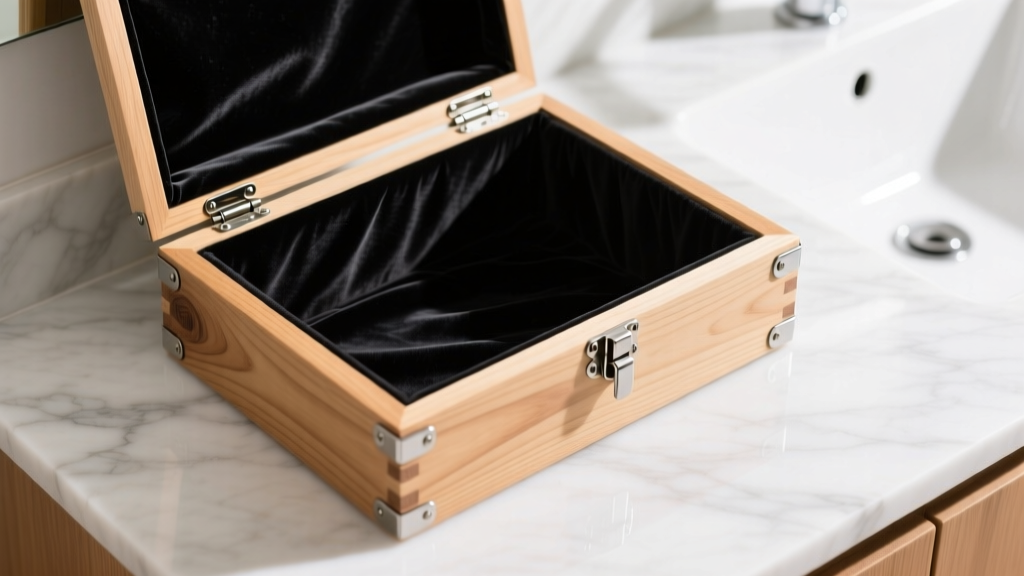Top-down view of a customized IKEA KNAGGLIG pine box with black anti-tarnish velvet lining and steel hinges on a marble vanity