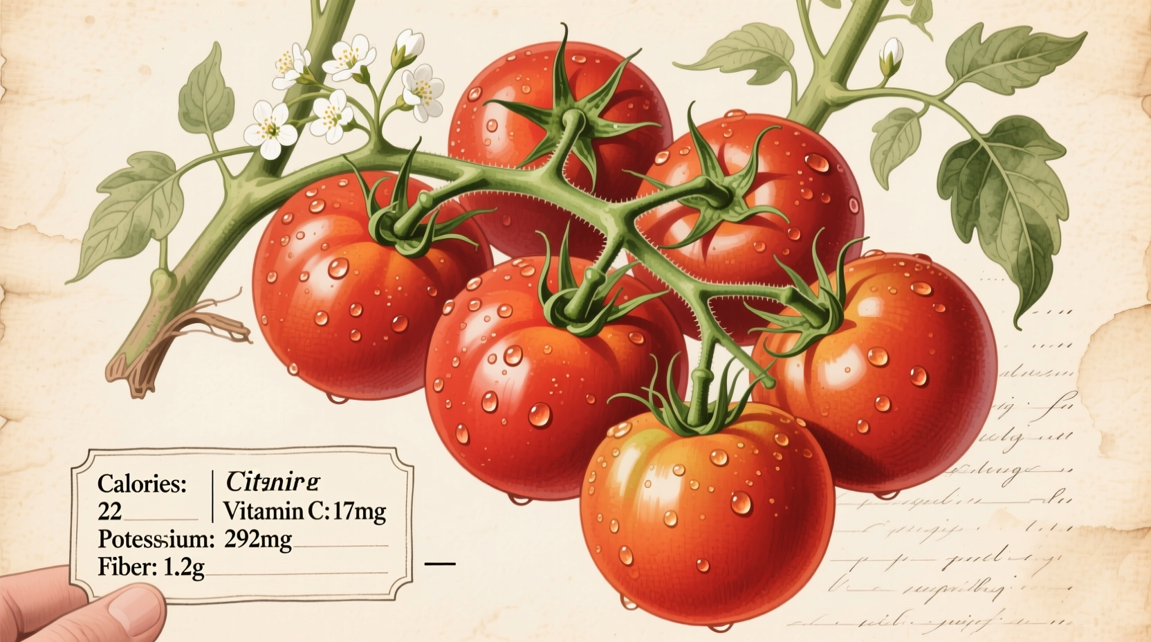 Fresh tomatoes on vine with nutritional information