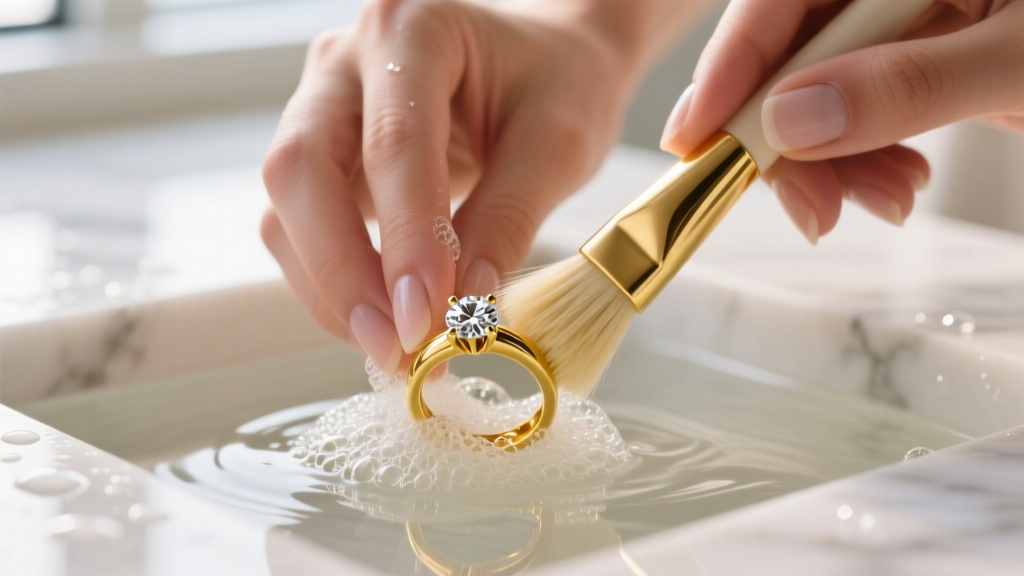 Close-up of hands gently scrubbing a 14k yellow gold diamond halo ring using an extra-soft bristled brush in warm sudsy water.