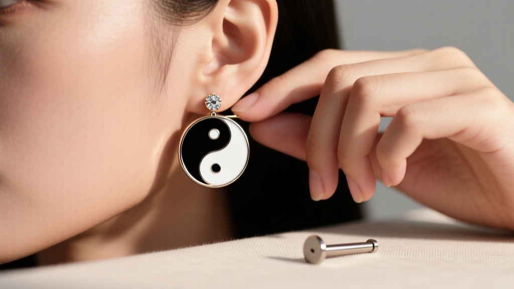 Close-up of a woman fixing a spinning yin yang stud earring on her lobe, beside a flat-back titanium post on a soft cloth.