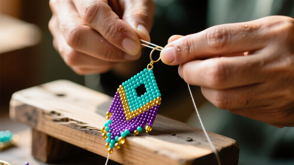 Close-up of artisan hands weaving vibrant Miyuki seed beads into a geometric fringe earring on a wooden jewelry bench.