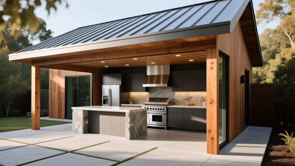 Cedar-framed covered patio with standing seam metal roof overlooking stamped concrete floor and modern outdoor kitchen