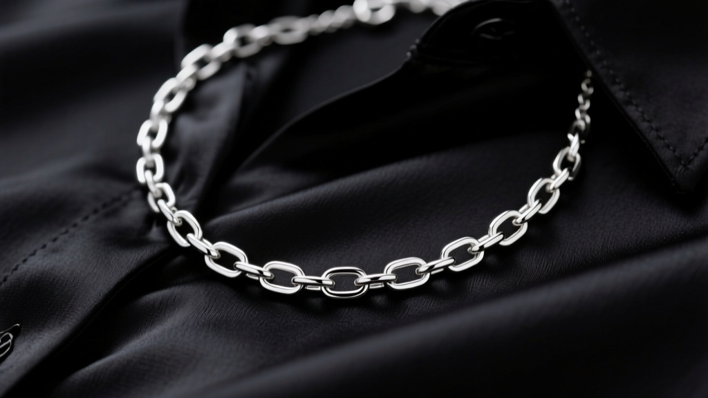 Close-up of a 925 sterling silver paperclip necklace with 15mm links resting on a black silk blouse under soft studio lighting.