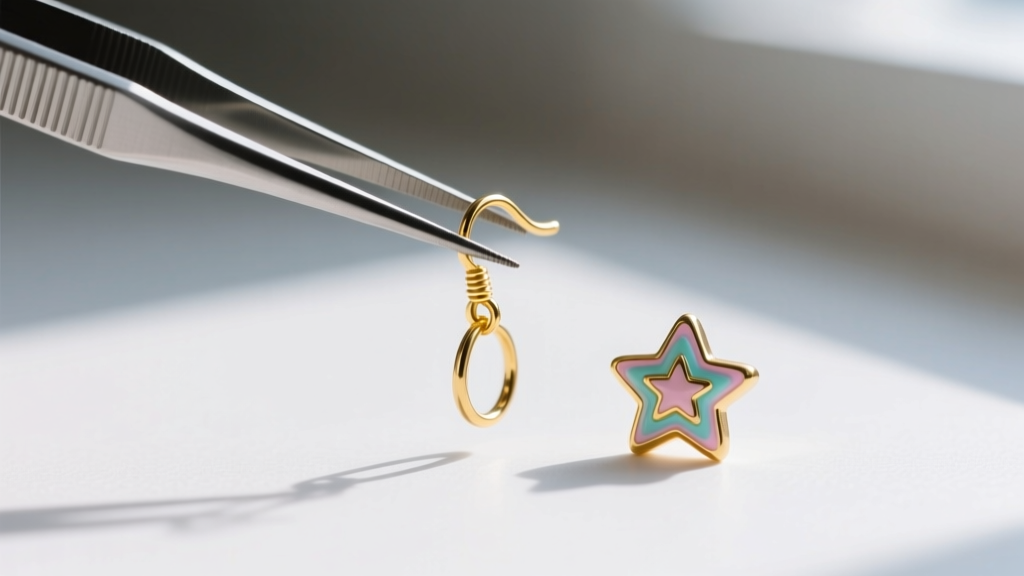 Close-up of tweezers holding a 22-gauge gold wire hook earring next to a tiny 1:6 scale resin star charm for doll customization.