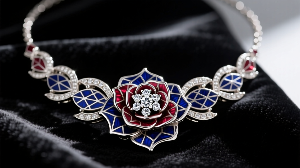 Macro shot of a 1928 Art Deco platinum rose necklace with guilloché enamel petals and old European cut diamonds on dark velvet.