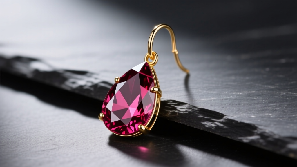 Faceted rhodolite garnet teardrop on a 14k gold French wire dangle earring on dark slate, displaying deep red light refraction.